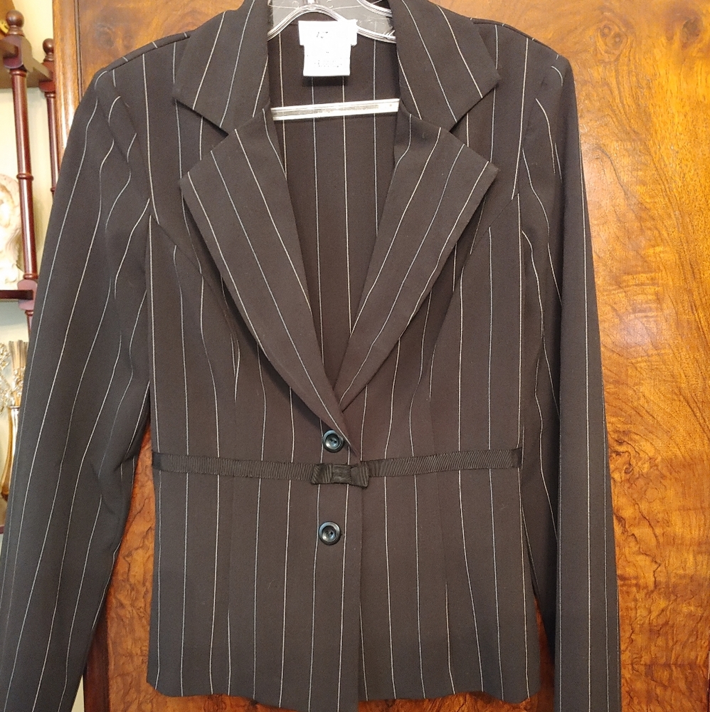 Black jacket with light blue and yellow pinstripes
